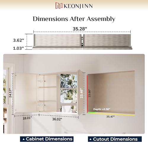 Keonjinn Brushed Nickel Large Medicine Cabinet with Mirror 36"x24", 2 Door | Assembly Needed, Stepless Adjustable Shelves, Aluminum Rust-Resistant, Surface Mount or Recessed Bathroom Mirror with Storage - color: Brushed Nickel, size: 36x24 In
