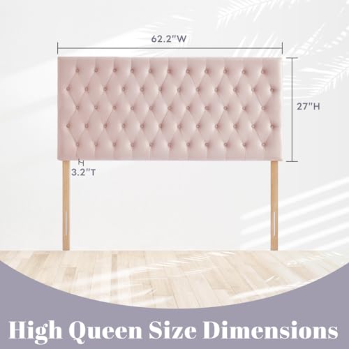 Upholstered Queen Headboard Only, Premium Velvet Button Tufted Headboards, Adjustable Solid Wood Head Board, Padded Headboard with Solid Wood Legs in Bedroom (Pink) - color: Pink, size: High Queen