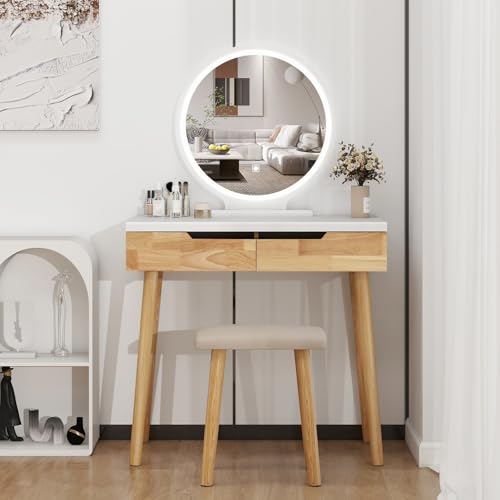 YOURLITE Makeup Vanity Desk with Lighted Mirror & Stool | 31.5" Makeup Table, 3 Lighting Modes, Adjustable Brightness, 2 Drawers, Cushioned Stool, Round Mirror - size: 31.5", style: Round Mirror Wooden