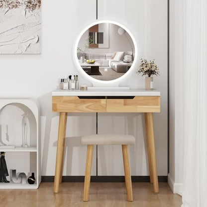 YOURLITE Makeup Vanity Desk with Lighted Mirror & Stool | 31.5" Makeup Table, 3 Lighting Modes, Adjustable Brightness, 2 Drawers, Cushioned Stool, Round Mirror - size: 31.5", style: Round Mirror Wooden