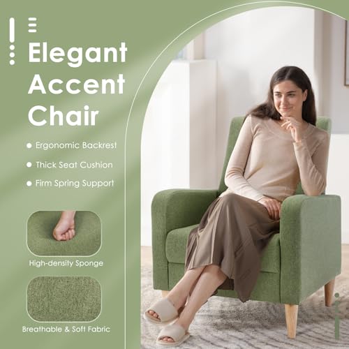 COLAMY Mid-Century Modern Accent Chair, Fabric Upholstered Living Room Chair with Back Pillow & Solid Wood Legs, Comfy Armchair for Living Room, Bedroom, Single Sofa, Green - color: Green, size: Set of 1