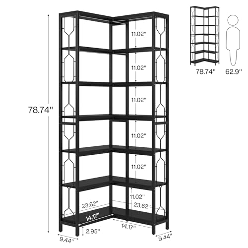 Tribesigns Corner Shelf, 7-Tier Industrial Corner Bookshelf, Wood and Metal Corner Etagere Bookcase, Freestanding Display Shelf for Living Room, Kitchen, Home Office, Light Black - color: Light Black
