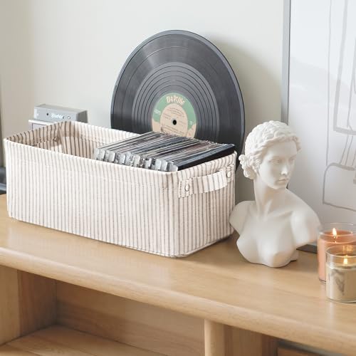 StorageWorks Fabric Narrow Storage Bins, Khaki and Beige Stripes, 2-Pack | With Metal Frame, Sturdy Structure, Reinforced Handles, Toilet Paper Storage, Small Baskets for Bathroom, Closet, Shelf - color: Khaki and Beige Stripes, size: 15"L x 6"W x 5"H