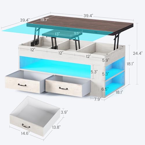 Itaar Lift Top Coffee Table, 4 in 1 Coffee Tables with Storage and Hidden Compartment, Farmhouse Coffee Table with 2 Fabric Drawers & LED Light for Living Room, White - color: White