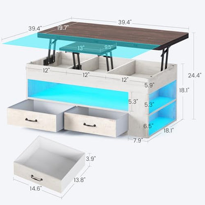 Itaar Lift Top Coffee Table, 4 in 1 Coffee Tables with Storage and Hidden Compartment, Farmhouse Coffee Table with 2 Fabric Drawers & LED Light for Living Room, White - color: White