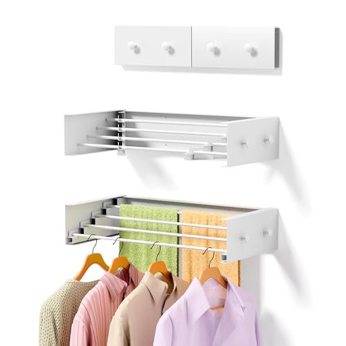 ZMBESUP Upgrade Small Wall Mounted Drying Rack with 4 Hooks, 23.6" Compact Foldable Laundry Rack for Apartment, Space Saving Collapsible Design, Includes Template for Small Bathroom & Balcony (White) - size: 23.6'' Upgrade