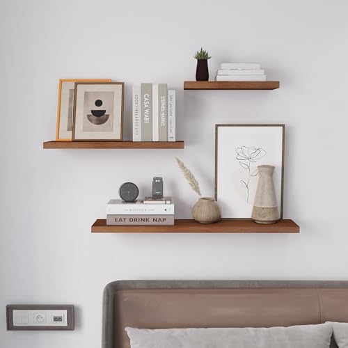 SAUMONIERES Floating Wall Shelves for Bedroom Bathroom Wall Mounted Solid Wood 36 Inches Long Shelf Set of 2, Walnut Floating Shelves - color: Walnut, size: 36 Inch-2 shelves