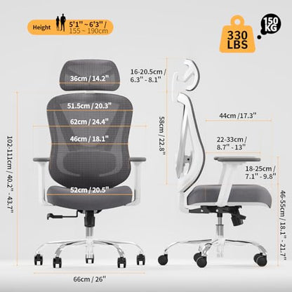 Ergonomic Mesh Office Chair - 3D Adjustable Lumbar Support & 3D Armrests, V-Shaped Back, Adjustable Desk Chair for Office & Home, White - color: White