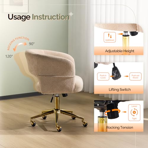 VINGLI Modern Curved Office & Vanity Desk Chair, Cute Upholstered Nail Chair with Wheels & 360° Swivel & Club & Tilting & Gold Base, for Bedroom, Living Room, Makeup, Velvet Chenille, Khaki - color: Khaki