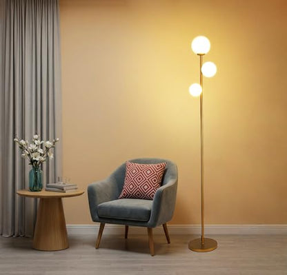 Fiqevs 3 Globe Floor Lamp Mid Century Modern, Gold Standing Lamp with Frosted Glass Shade & LED Bulbs, Tall Pole Light with Foot Switch for Living Room Bedroom Office - Antique Brass - color: 3 Globe- Gold