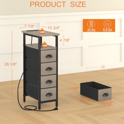 sthmec Nightstand with Charging Station, Narrow Night Stand Set of 2 with 4 Drawers, Skinny Side Table with Fabric Drawers,Slim Sofa Couch Tables for Small Spaces,Living Room,Bedroom, Grey - color: Grey, style: Power