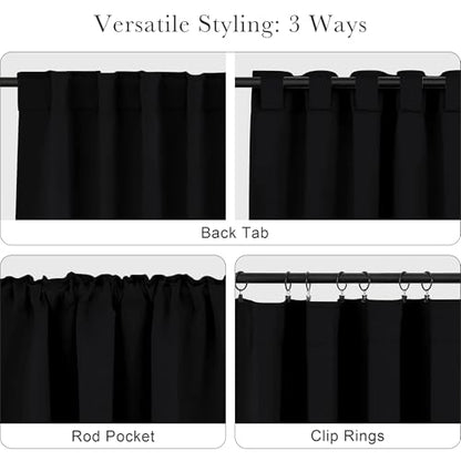 PONY DANCE Blackout Window Curtains - Insulating Against Drafts Drapes Noise Reducing Thermal Insulated Back Tab/Rod Pocket Draperies, 52 x 45-inch Long, Black, Double Panels - color: Black, size: 52"W x 45"L (Pack of 2)