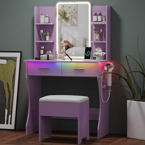 Small Vanity Desk with Mirror and Lights, Makeup Vanity with LED Lights, Purple Vanity Mirror with Lighted Desk and Chair, 3 Lighting Adjustable Compact Dressing Table with Mirror for Women, Girls - color: Purple, size: 29.88x15.09x51.30 in