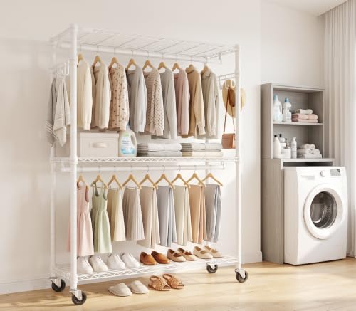 Heavy Duty Clothes Rack Load 350 LBS, Hanging Rods Clothes Rack, Black | Clothes Organizer Rack, Heavy-Duty Frame, Removable Rods, Side Hooks, Silent Casters, No Tools, Walk-In Closet, Small Space - color: WHITE, size: 45IN