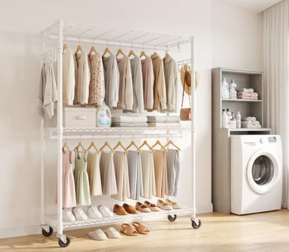 Heavy Duty Clothes Rack Load 350 LBS, Hanging Rods Clothes Rack, Black | Clothes Organizer Rack, Heavy-Duty Frame, Removable Rods, Side Hooks, Silent Casters, No Tools, Walk-In Closet, Small Space - color: WHITE, size: 45IN