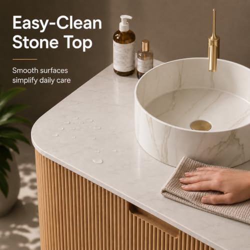 48" Floating Bathroom Vanity with Sink, Wall Mounted Plywood Cabinet, Natural Wood Grain Fluted Front, Sintered Stone Countertop, White Marble-Look Ceramic Vessel Sink, Soft-Close Drawer - color: Natural Oak Cabinet / White Marble Sink, size: 48 Inch