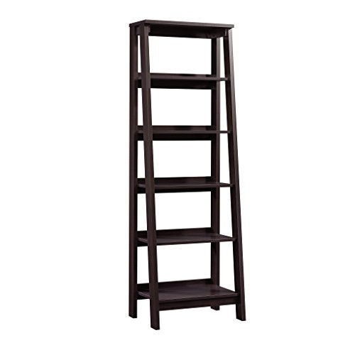 Sauder Ladder Bookshelf 5 Tier Trestle Ladder Shelf Wooden Bookcase, in Jamocha Wood - color: Chalked Chestnut