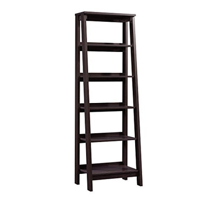 Sauder Ladder Bookshelf 5 Tier Trestle Ladder Shelf Wooden Bookcase, in Jamocha Wood - color: Chalked Chestnut