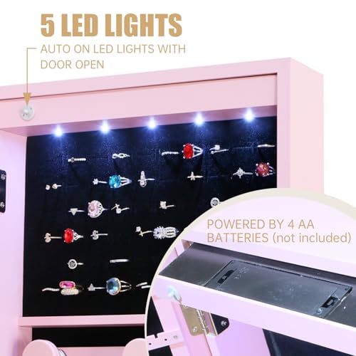 Full Length Mirror Jewelry Cabinet Organizer Lockable Door Wall-Mounted Jewelry Armoire with Shelves and Behind the Door Storage Pink - color: Pink, size: 43.3*12.4 Standard Mirror