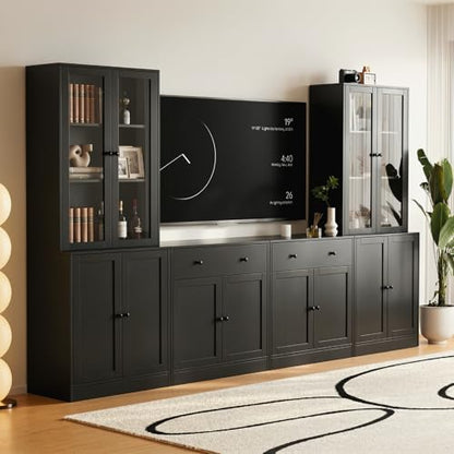 TUSY 71" TV Stand Storage Set, Black, AEEA | 2 Tall Bookcases & 2 Side Cabinets, Media Console with Glass & Wood Doors, Entertainment Center with Drawers - color: Black