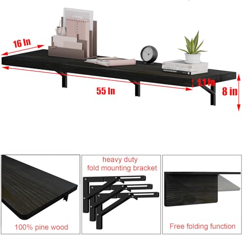 IAE Wall Mounted Folding Table with Pine Wood,55" x 16" Floating Wall Desk | Laundry Folding Table with Shelf Brackets,Fold Down Desk Shelf,Fold Workbench for Apartments,Home,Laundry Room,Kitchen,Black - color: Black, size: 55*16* 8 Inch