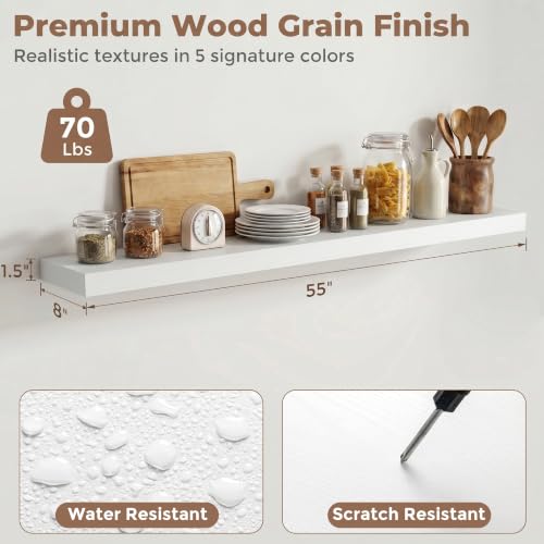 8 inch Deep Floating Shelves for Wall, 55" Wide, White Finish, 2-Pack | Engineered Wood Wall Shelves with Invisible Brackets for Living Room, Bedroom, Bathroom, Office & Kitchen Storage - color: White Finish, size: 55"W x 8"D, 2p