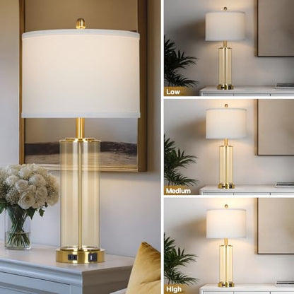Ruzectt 26" Glass Table Lamp Single, 3-Way Dimmable Touch Control Living Room Lamp with USB C+A Ports & AC Outlet, Modern Bedside Lamps, Bedroom Lamps for Nightstand Side End Table Desk, Brown-1PK - color: Brown-1PK