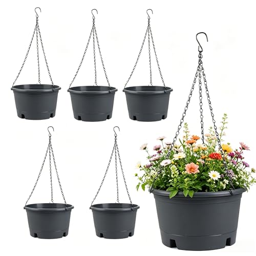 6 Pack 10 Inch Hanging Baskets for Plants Outdoor with Removable Trays | Plastic Hanging Planters with 15.7" Chain, Round Indoor Hanging Flower Pots for Home Garden Porch Balcony Patio Decor (Grey) - color: Gray, size: 10 Inch - 6 Pack