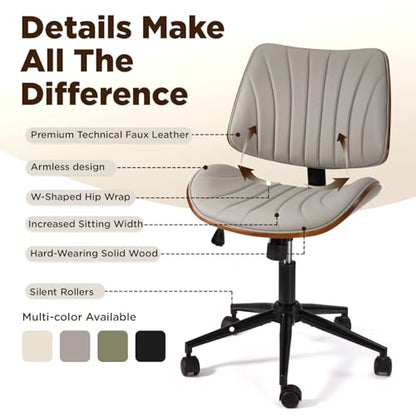 EROMMY Armless Office Desk Chair,Wooden Back Small Office Desk Chair No Arms Adjustable Height Modern Armless Chairs with Swivel Wheels for Small Spaces, Grey - color: Grey