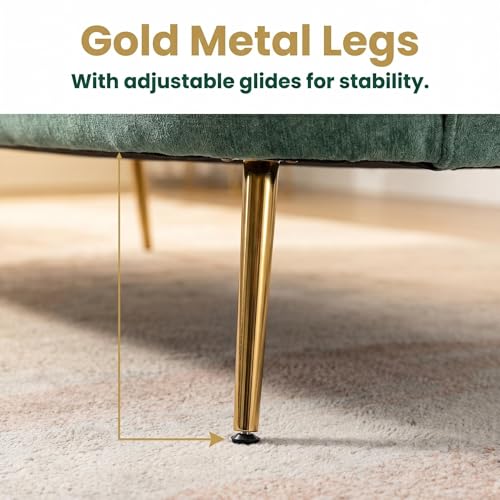Modern Green Chenille Loveseat Couch Futon Small Sofa with Gold Metal Legs | 2-Seater Upholstered Mini Sofa Couches for Small Space Living Room Bedroom Office Dorm Studio Apartment Love Seat Couche - color: Green