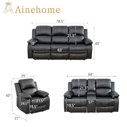 A Ainehome Living Room Furniture Set Leather Recliner Sofa Set Loveseat Chair Furniture Sofa Set for Living Room/Small Space/Rv/House/Office/Theater Seating (A-Black Leather, 3 Piece Set) - color: A-black Leather, size: 3 piece set
