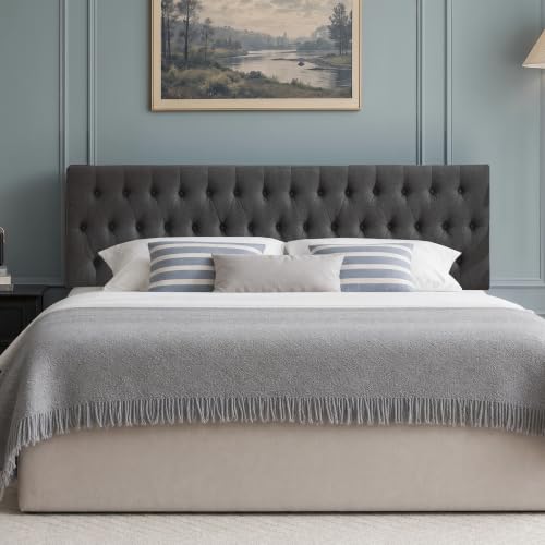 Tufted Upholstered Full Size Bed Headboard in Modern Button Design, Adjustable Solid Wood Head Board, Premium Linen Fabric Padded Headboards in Bedroom (Dark Grey) - color: Dark Grey, size: Full