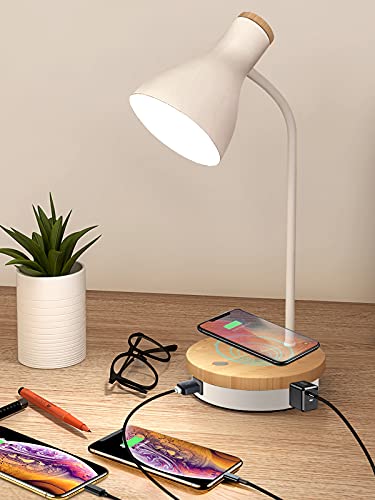 LALISU Metal Desk Lamp Wireless Charging Table Lamp Touch Reading Lights Arc Desk Lamps for Bedroom, 3 Way Dimmable Bedside Lamp with USB Charging Ports Lamp for Study Room and Office (White) - color: White