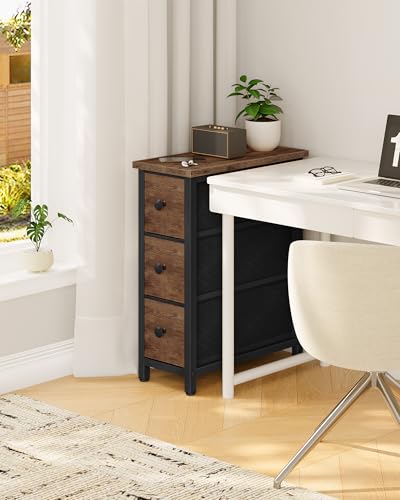 Narrow Side Table with 3 Fabric Drawers, Industrial Slim Bedside Table for Small Spaces, Bedroom, Living Room, Dormitory, Rustic Brown and Black TBZ09BF - color: Rustic Brown + Black