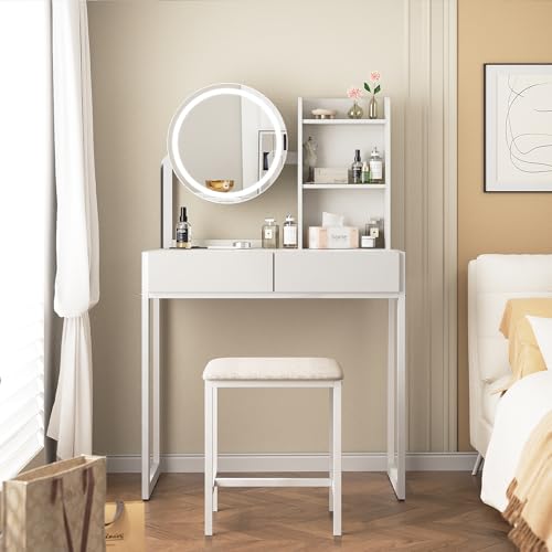 VFK Small Vanity Desk with Mirror and Lights, Makeup Vanity Table with LED Mirror, 3 Lighting Modes, Power Outlet, Drawer, Open Shelves and Cushioned Stool for Bedroom (White) - color: White