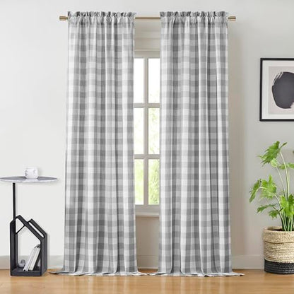 Buffalo Plaid Checkered Grey White Window Curtain Panels 84 Inches Length,Semi Sheer Drapes,Gingham Rod Pocket Window Treatment for Bedroom Living Room,2 Panels,40"x84",Gray | Semi Sheer Drapes,Gingham Rod Pocket Window Treatment for Bedroom Living Room,2