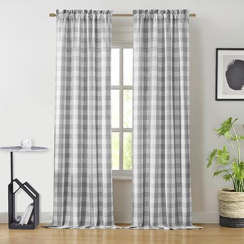 Buffalo Plaid Checkered Grey White Window Curtain Panels 84 Inches Length,Semi Sheer Drapes,Gingham Rod Pocket Window Treatment for Bedroom Living Room,2 Panels,40"x84",Gray | Semi Sheer Drapes,Gingham Rod Pocket Window Treatment for Bedroom Living Room,2