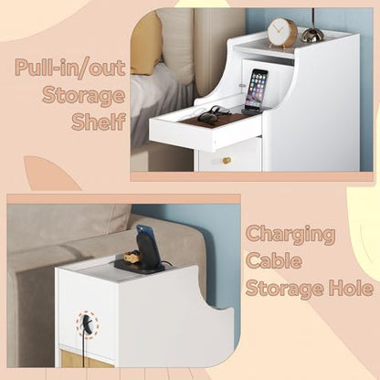 WLIVE Small Nightstand with Drawers, Narrow Bedside Tables with Open Shelf & Cable Hole, Narrow Nightstand for Bedroom, Modern Storage Cabinet for Small Spaces/Living Room, White - color: White
