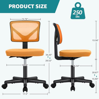 OLIXIS Armless Home Office Chair, Ergonomic Small Desk Chair | Mesh Back, Removable Washable Foam Cushion, Height Adjustable, Rolling Swivel Wheels, Small Space, Dark Orange - color: Dark Orange