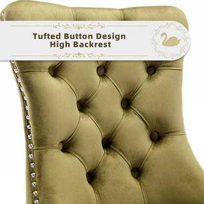 Velvet Upholstered Dining Chairs Set of 6, Modern Style Kitchen Side Chairs with Nailhead Trim and Wood Legs,Metal Pulling Ring for Dining Room Living Room(Olive Green,Set of 6) - color: Olive Green, size: Set of 6