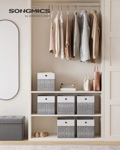 SONGMICS Storage Cubes, Set of 6 Foldable Fabric Storage Boxes, Cube Organizer Boxes with Handles, for Closet Shelves, Odorless, 10.2 x 10.2 x 11 Inches, Cloud White and Cattail Gray URFB426GM02 - color: Cloud White + Cattail Gray, size: 11 Inch-6 Pack