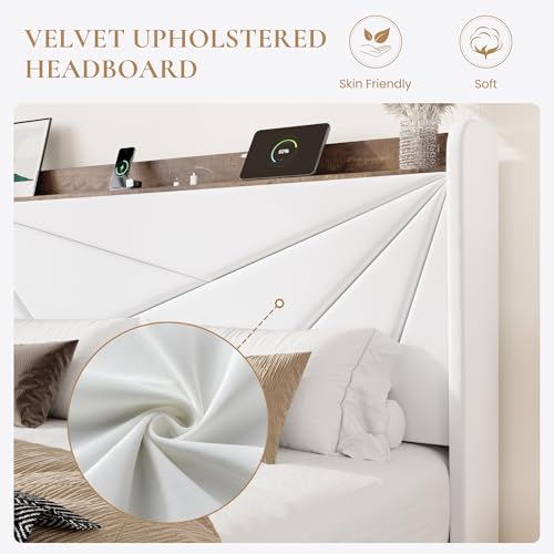 SHA CERLIN Queen Bed Frame, Storage Headboard with Drawers, Charging, White | Velvet Upholstered Bed, Modern Wingback Headboard, 3 Drawers, USB Charging Station, No Box Spring Needed, Easy Assembly - color: White, size: Queen
