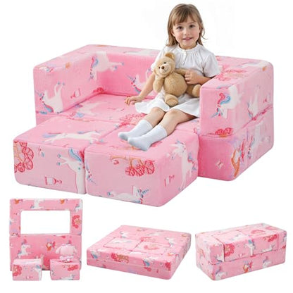 MeMoreCool Glow Fairy Kids Couch, Modular Fold Out Play Sofa, Pink | Glow fairy kids couch in pink - color: Pink Fairy