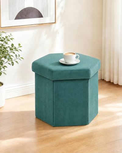 B FSOBEIIALEO Storage Ottoman Cube Hexagonal Pouf Ottomans, Foot Rest Seat for Sofa Footrest Entryway Shoe Footstool for Living Room/Bedroom/Entrway Velvet Blue 16.93"x15"x15" - color: Blue