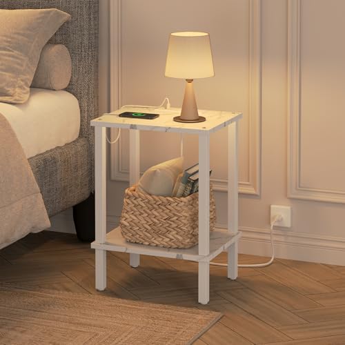 TUTOTAK End Table with Charging Station, Side Table Set of 2, Nightstand | 2-Tier Storage Shelf, Bedside Table with USB Ports, Sofa Table for Small Space, Livingroom, Bedroom Marble White TB01BMW041 - color: Marble White