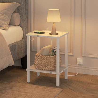 TUTOTAK End Table with Charging Station, Side Table Set of 2, Nightstand | 2-Tier Storage Shelf, Bedside Table with USB Ports, Sofa Table for Small Space, Livingroom, Bedroom Marble White TB01BMW041 - color: Marble White