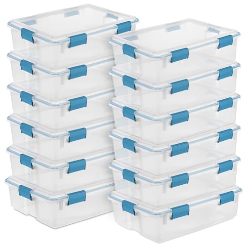 Sterilite Gasket Storage Box with Lids for Home & Office, 37 Quart, 12-Pack | Heavy-Duty, Stackable, and Organizing Containers for Bathroom, Cabinet, Closet, and Garage, Clear and Blue Aquarium Latches - size: 37 Quart, style: 12 Pack