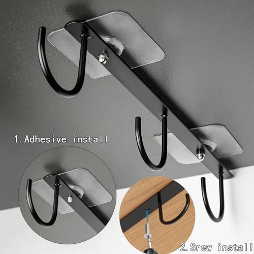 3pcs Under Cabinet Mug Hooks,Adhesive/Screw 2 Ways Install Mug Holder,Coffee Cups Hook with 9 Hooks,Mug Organizion Rack for Displaying Mugs/Cups/Kitchen Utensils (Black) - color: Black