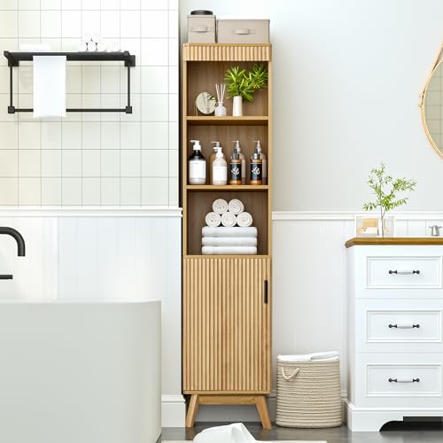 Bifins 68" Tall Bathroom Storage Cabinet,Narrow Fluted Tower Cabinet with Door and Shelves,Slim Space Saving Storage Unit for Bathroom Kitchen Living Room (Natural, 11.8" D x 15.75" W x 68" H) - color: Natural, size: 11.8"D x 15.75"W x 68"H