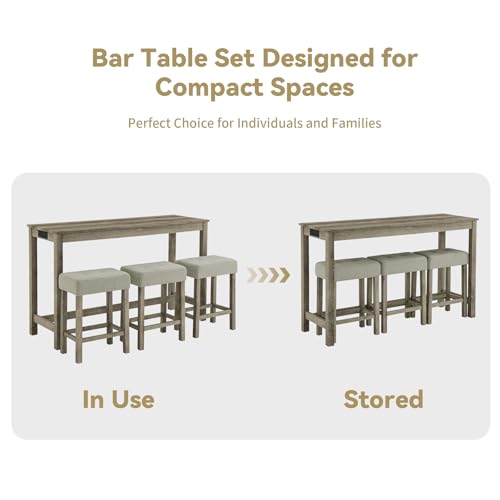 59" Industrial 4 Piece Bar Table Set with Built-in Power Outlet, Behind Couch Sofa Table with 3 Linen Upholstered Stools, Bar Table and Chairs Set for Living Room, Dining Room, Lounge, Brown - color: R2-brown